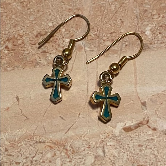 Jewelry - Dainty Gold and Turquoise Cross Dangle Earrings